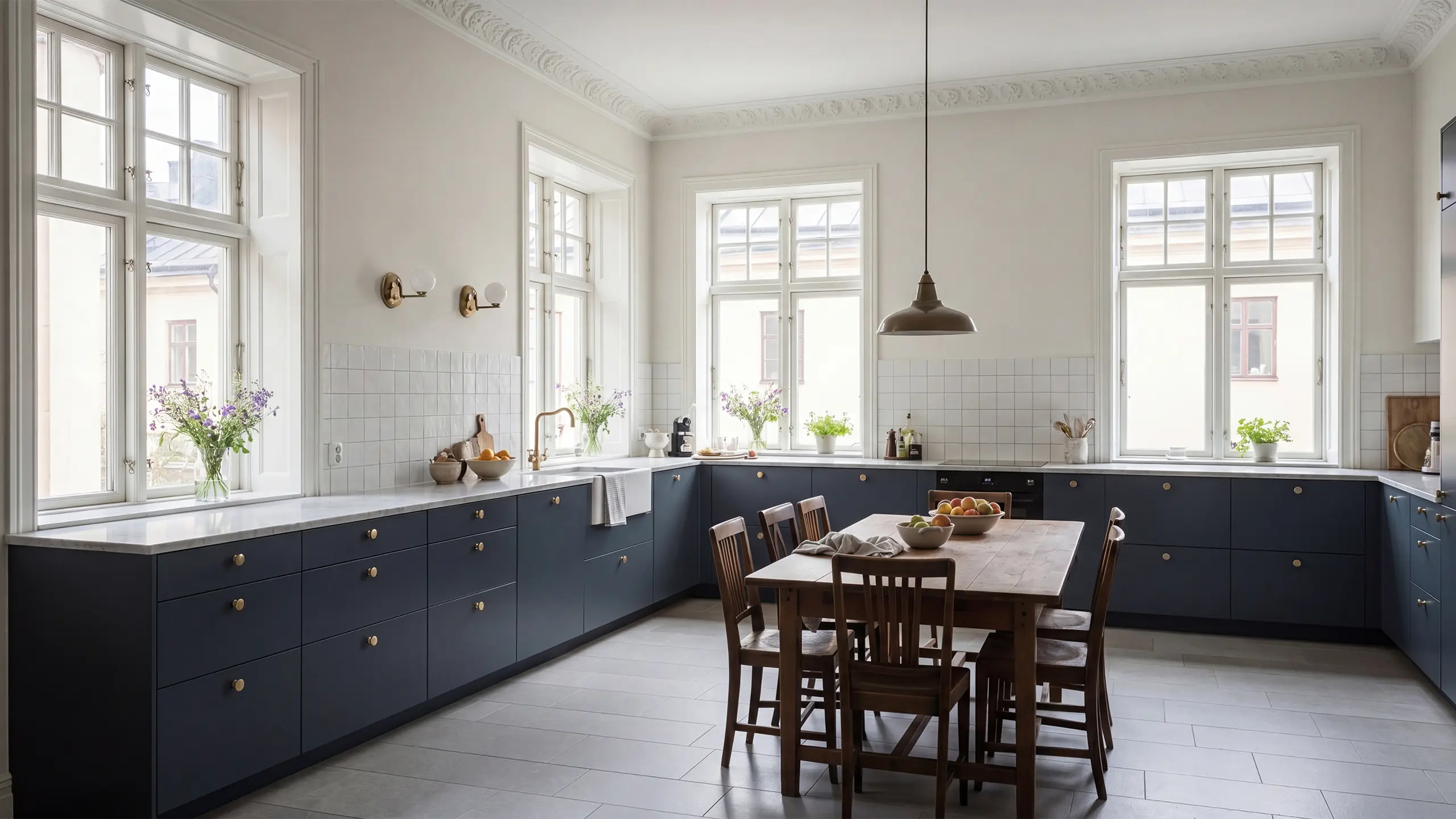 Blått kök med blå köksluckor i modellen Pure, höga skåp, ljus stenbänkskiva och detaljer i mässing.