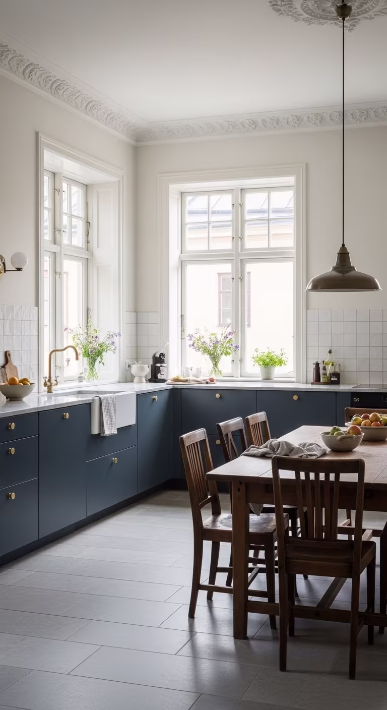 Kitchen with dark blue doors, brass knobs, marble countertop and wooden dining furniture.