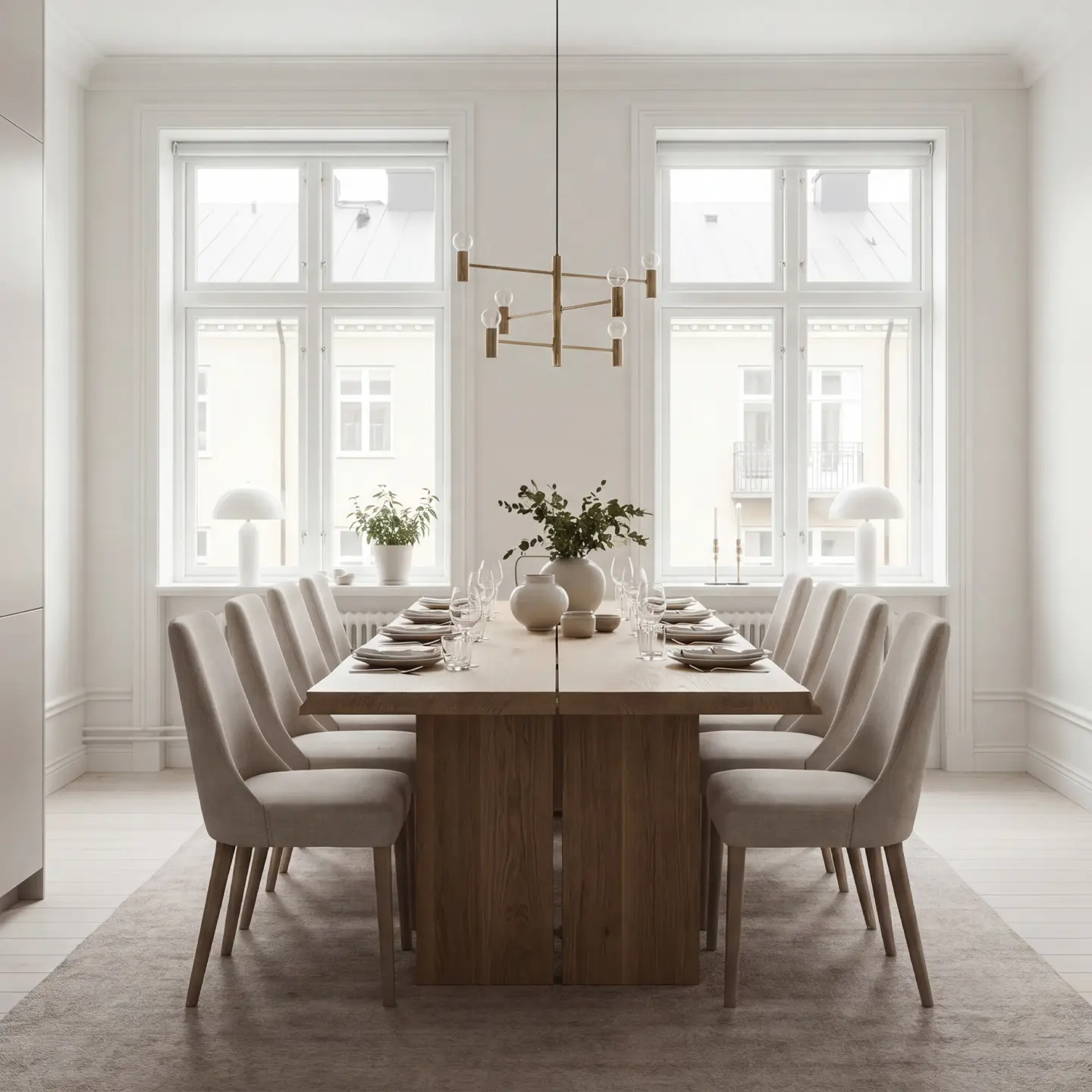 Översiktsbild av kök i Off Grey med släta köksluckor i Pure, ljus bänkskiva och stora fönster.
