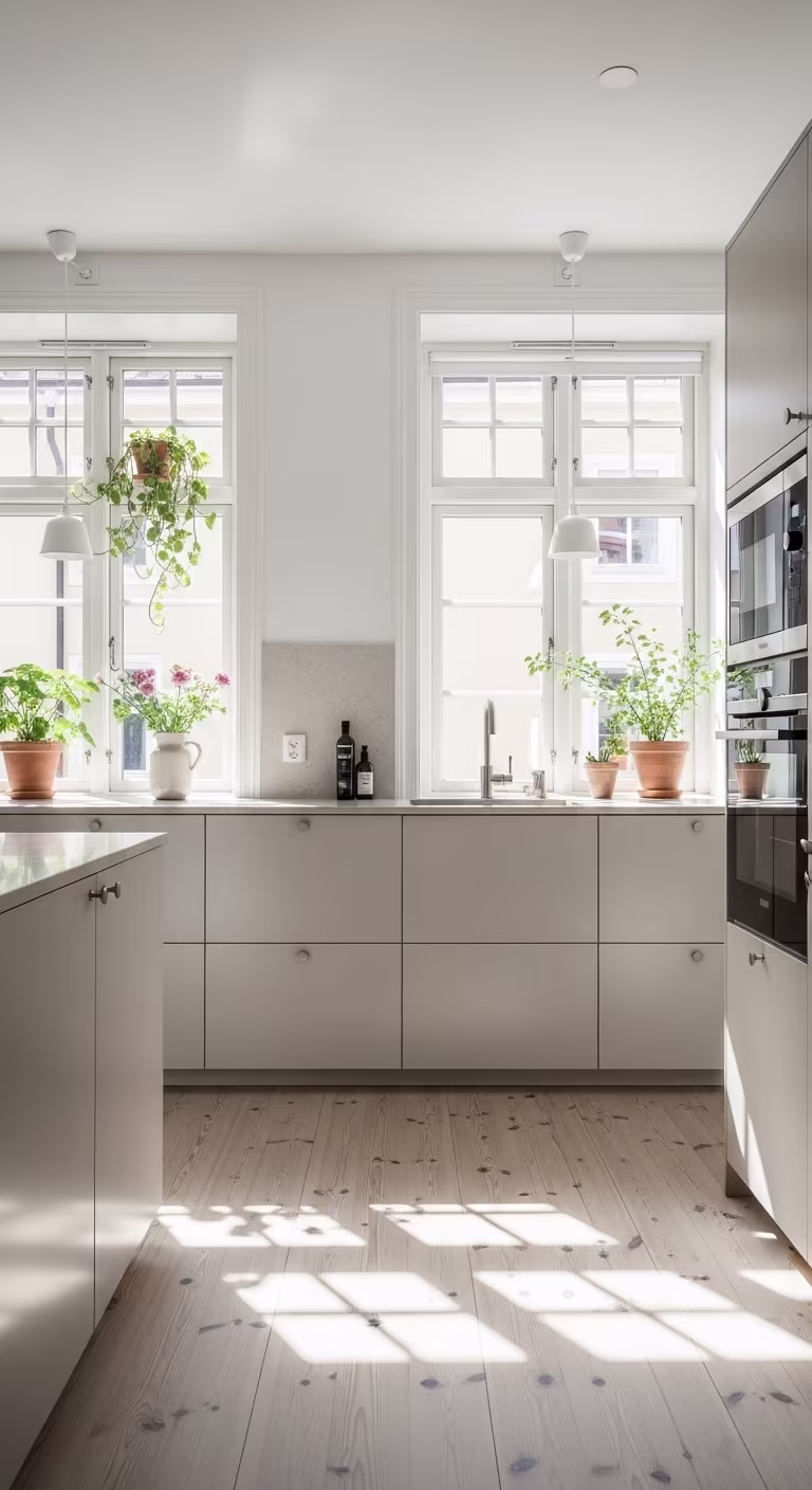 Bright kitchen with light grey doors, marble countertop, integrated appliances and green plants in the windows.