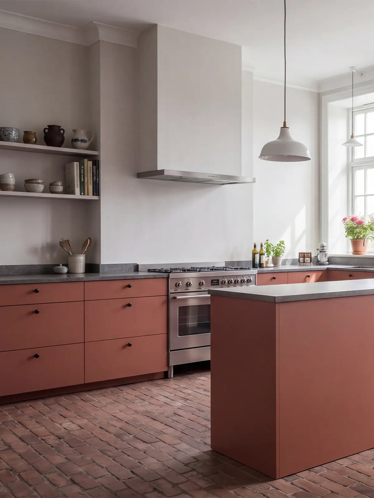 Närbild på köksluckor i terracotta i modellen Pure med grå bänkskiva och svart knopp.