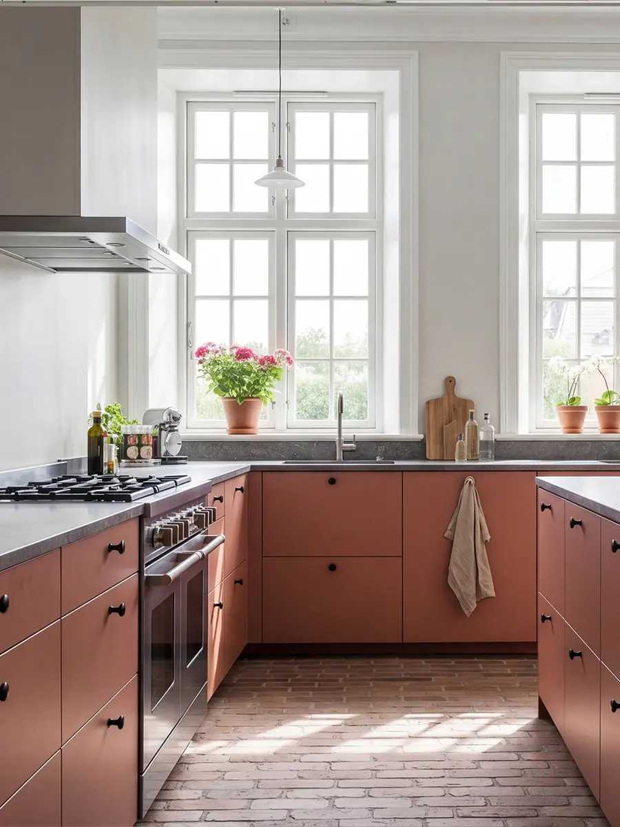 Kök med terrakottafärgade luckor, svarta handtag, mörk bänkskiva och tegelgolv.