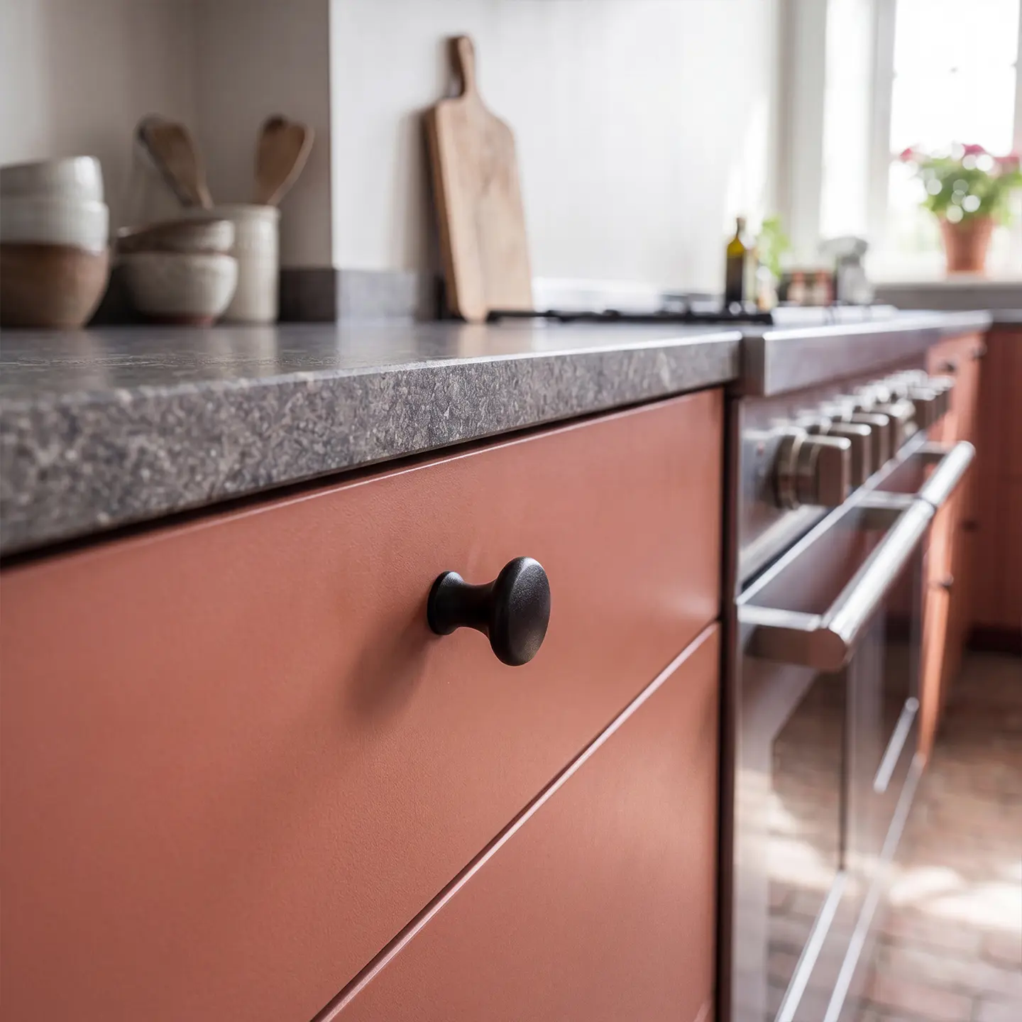 Översiktsbild av kök med köksluckor i terracotta i modellen Pure, tegelgolv och grå bänkskiva.