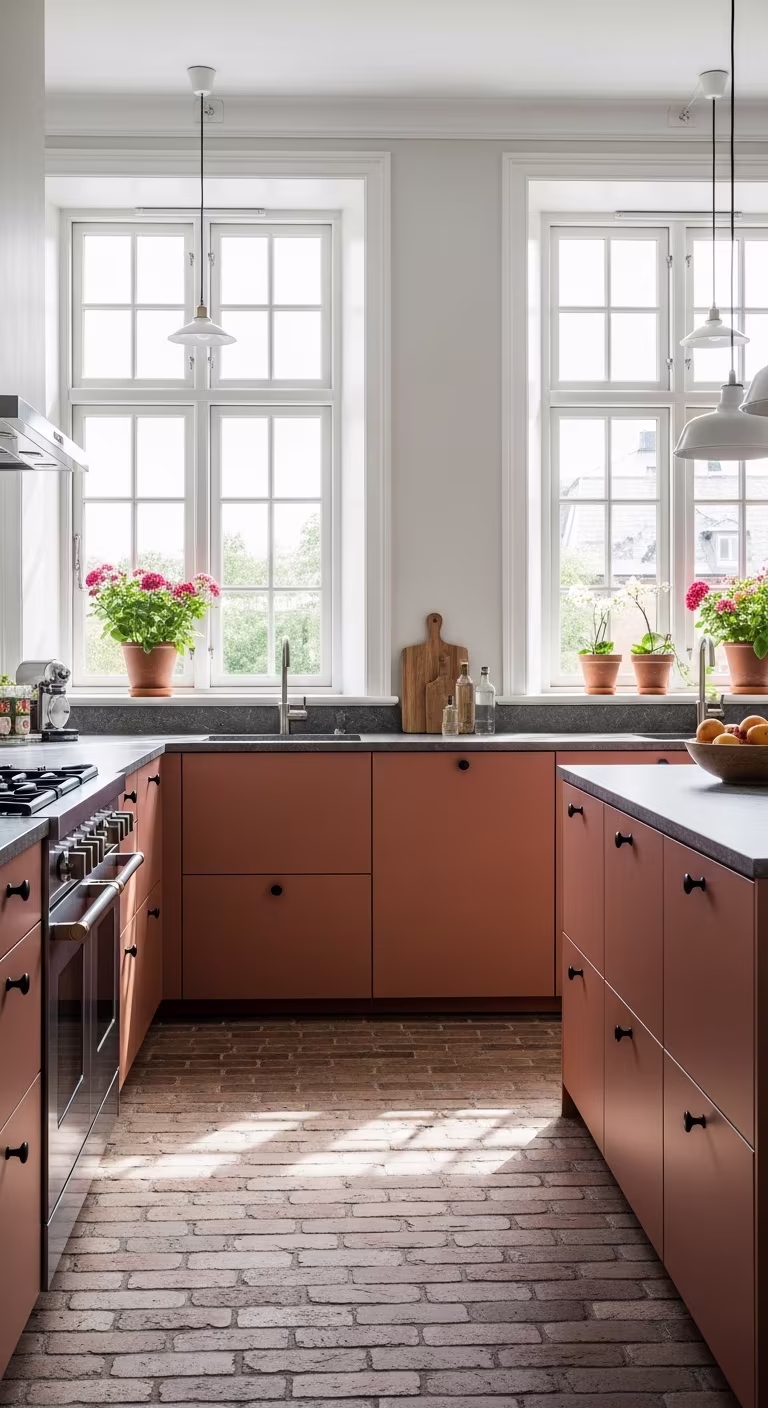Kitchen with terracotta-coloured doors, black handles, dark countertop and brick floor with windows in the background.