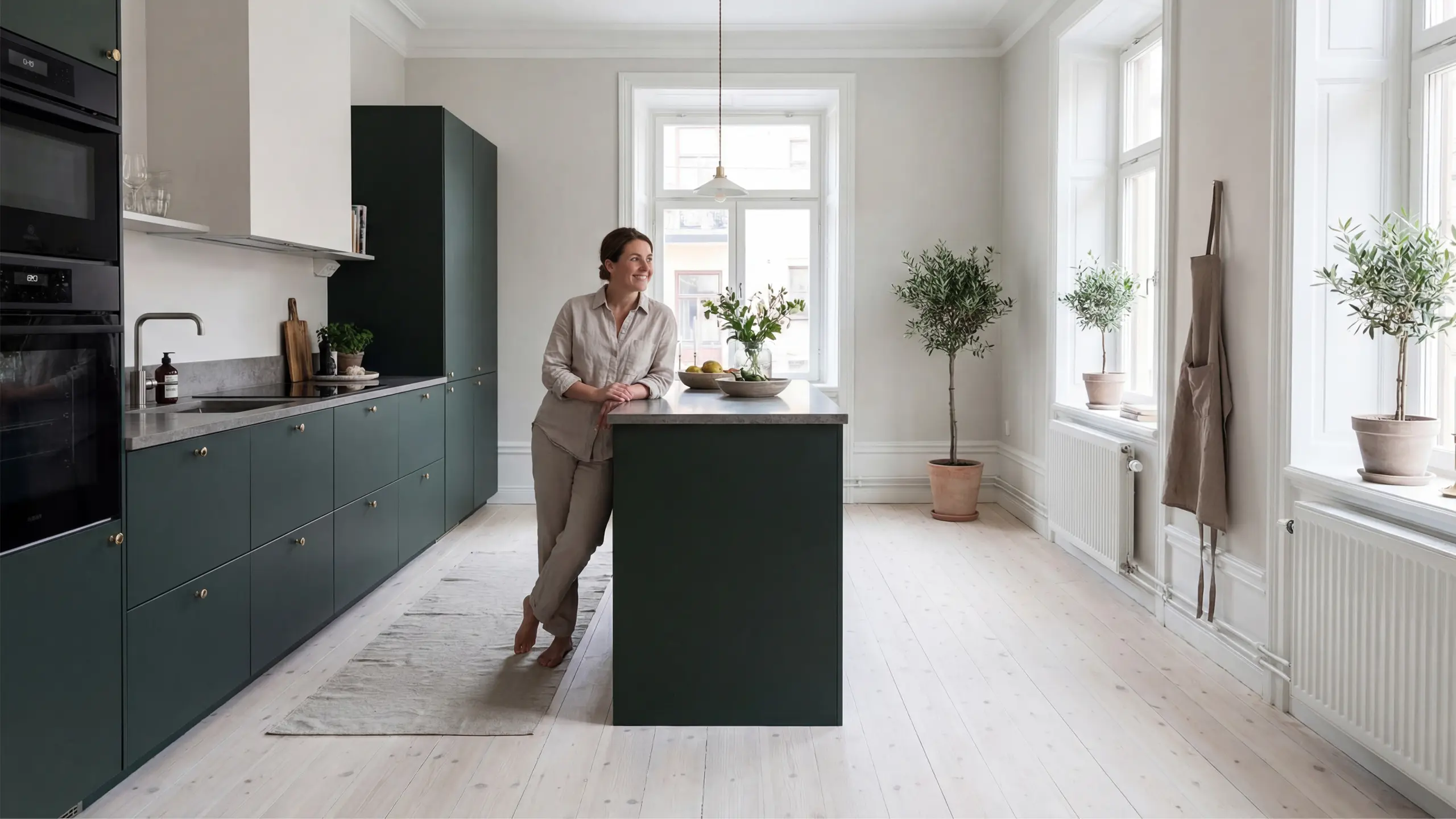 Kök med släta köksluckor i modellen Pure i Imperial Green, ljus stenbänkskiva och minimalistiska detaljer.