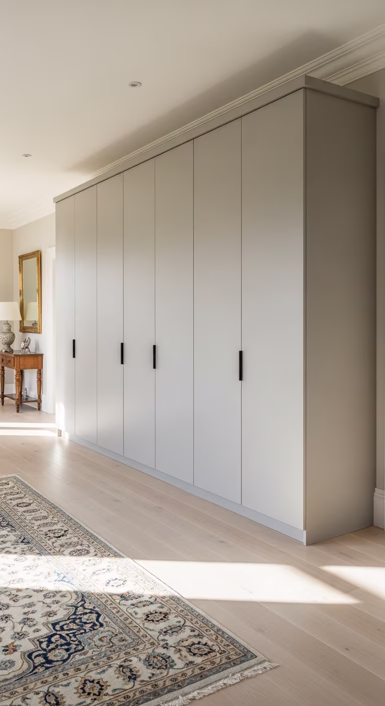 Built-in wardrobe wall with smooth beige-greige doors and black handles in a bedroom with wooden floor and rug.