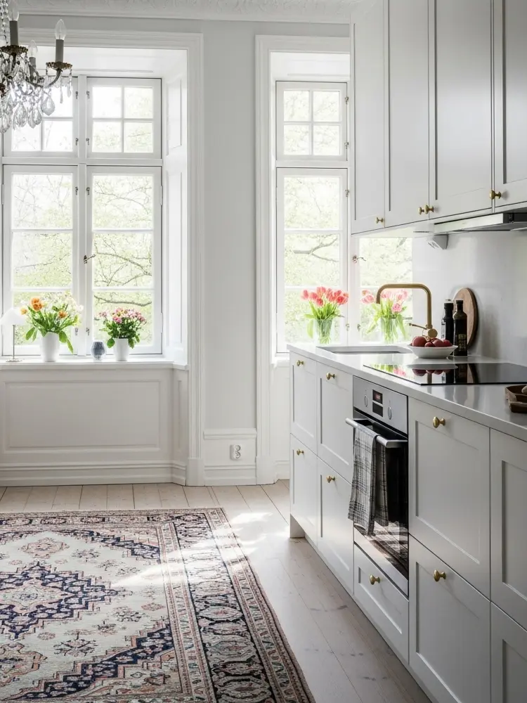 Studio framed doors in a light colour with a generous frame and soft panel, illuminated by daylight in a timeless kitchen with large windows.