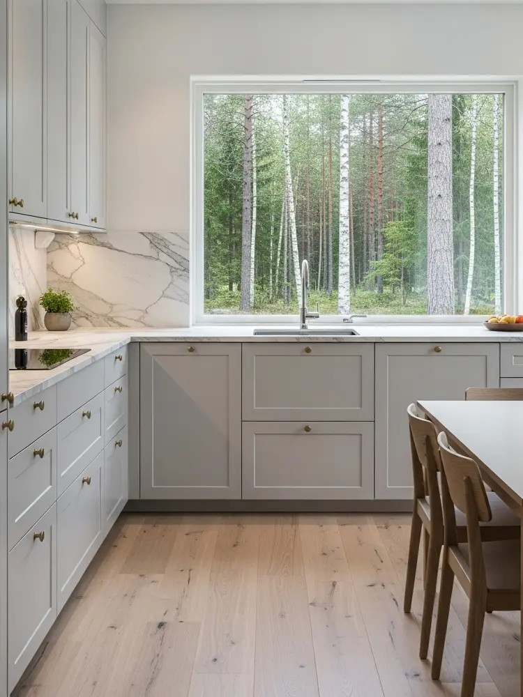Studio framed doors with a 5 mm recessed panel in a bright kitchen, where natural light creates calm and structure with greenery outside.