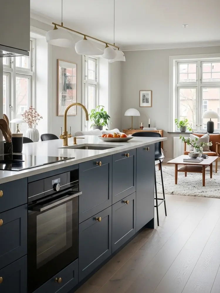 Studio framed doors in a dark tone with an architectural expression, defined frame and marble details that add character and elegance.