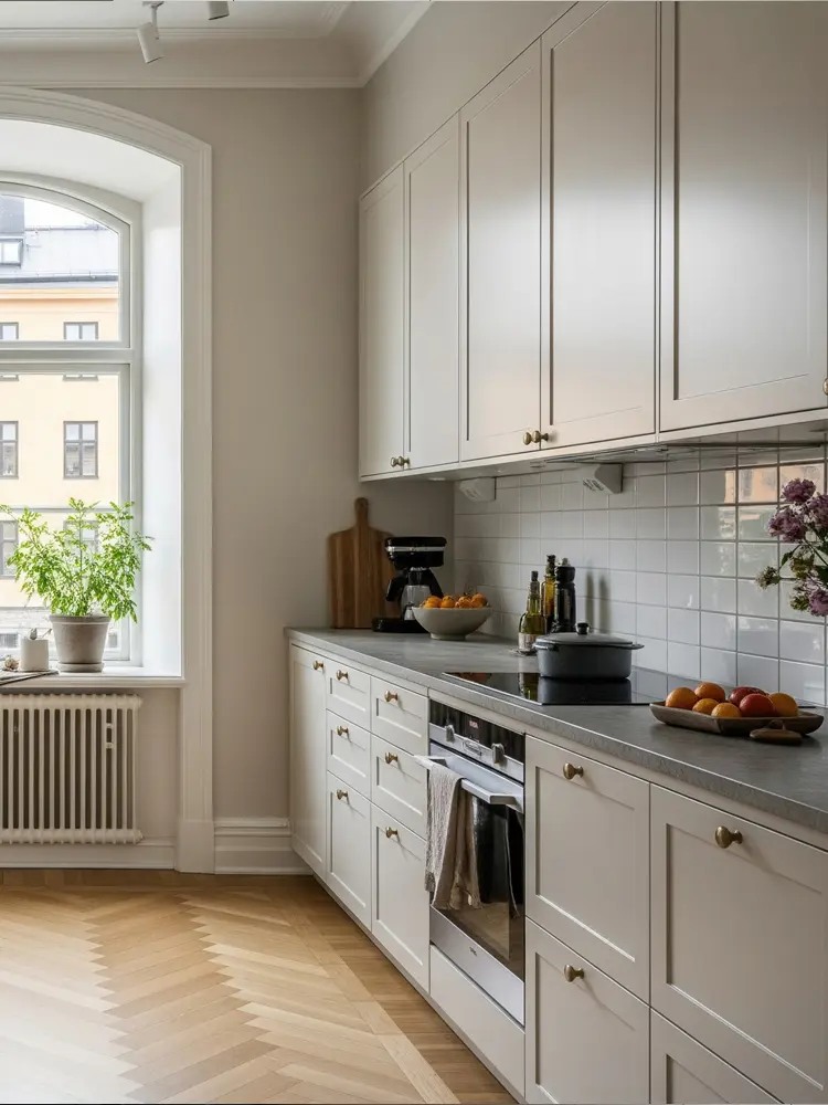 Studio framed doors in a warm neutral shade, with classic proportions in a bright and airy Scandinavian kitchen.