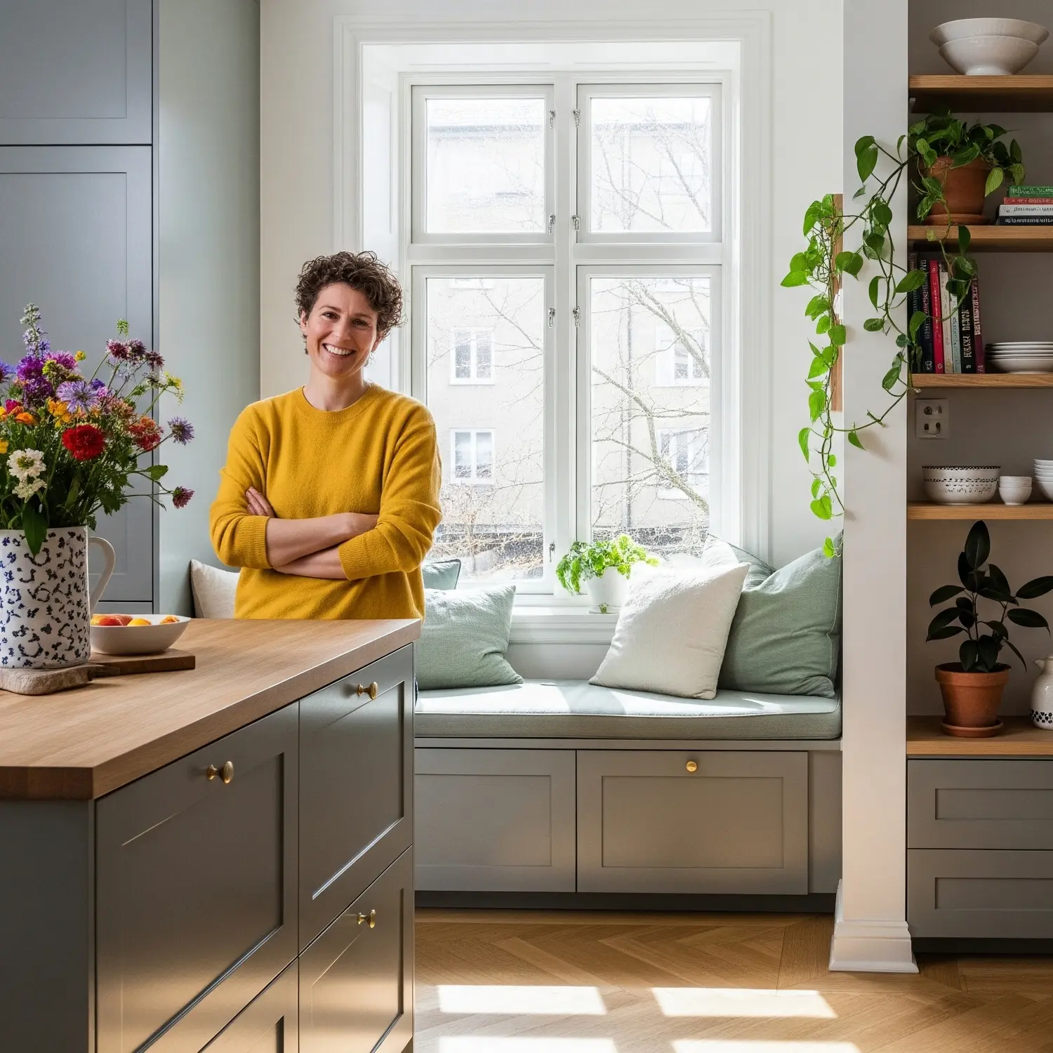 Studio kitchen with classic framed doors and calm Scandinavian styling.